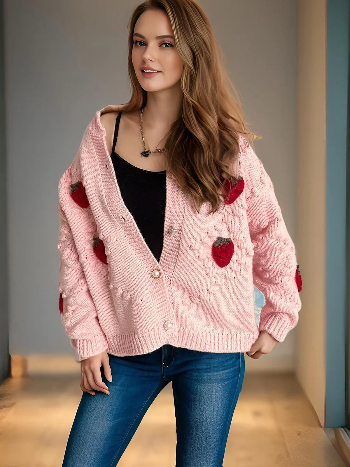 Autumn Winter Crocheted Embroidery Three Dimensional Strawberry Twist Pearl Buckle Knitted Sweater Cardigan Coat Bella Mia
