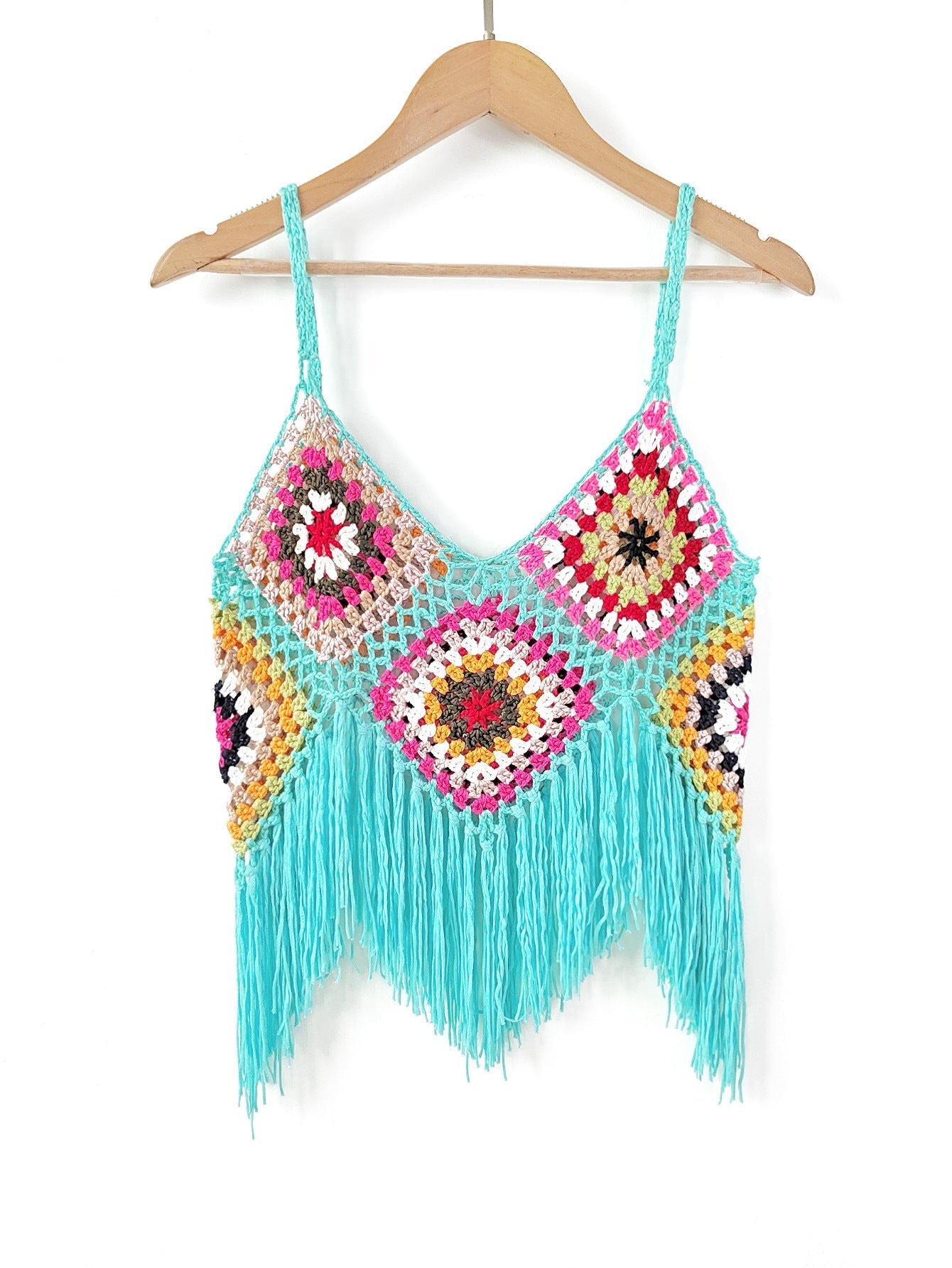 Women Clothing Women Top Pure Hand Crocheting Random Mixed Color Stitching Camisole Tassel Shirt Crochet Bella Mia