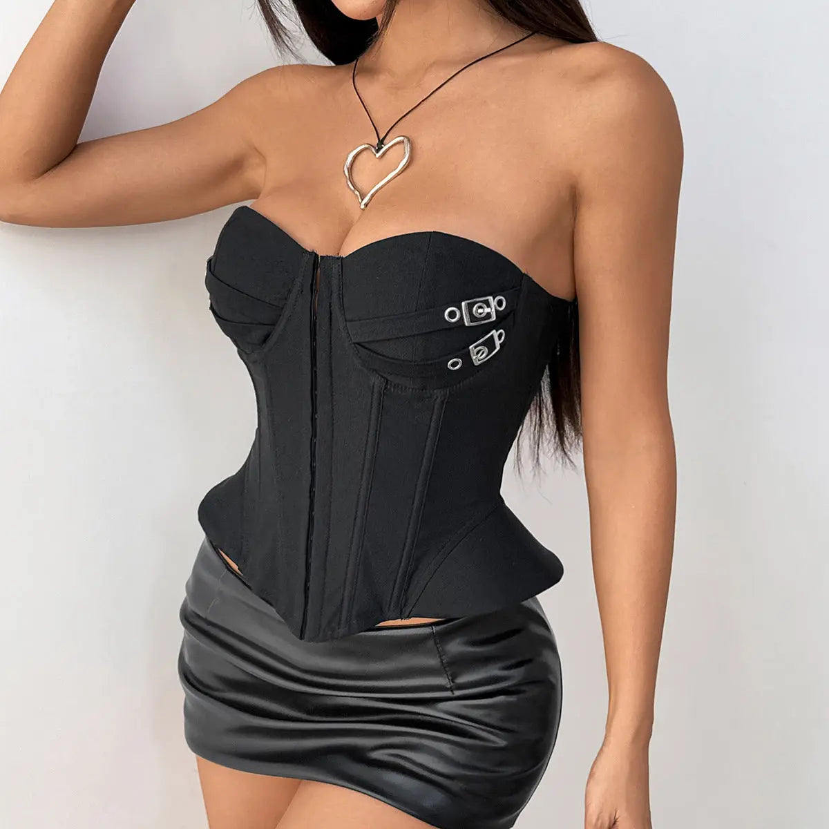 Women Solid Color Boning Corset Tube Top With Metal Buckle Decoration Bella Mia