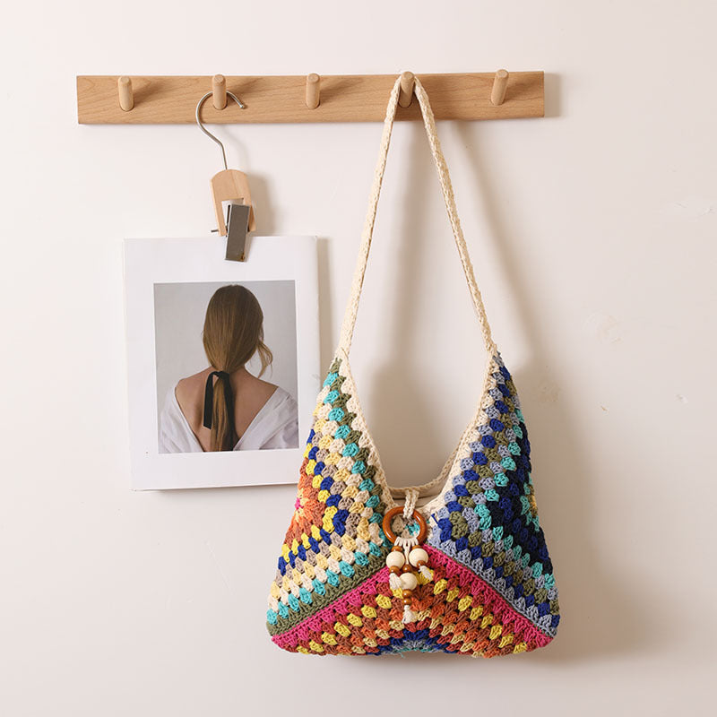 Ethnic Single Shoulder Cotton Thread Woven Bag Color Grandmother Grid Straw Bag Vacation Beach Bag Women Bag Bella Mia