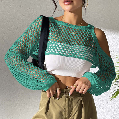 Women Clothing Sexy Cropped Hollow Out Cutout out Woolen Blouse Casual Fashionable Outerwear
