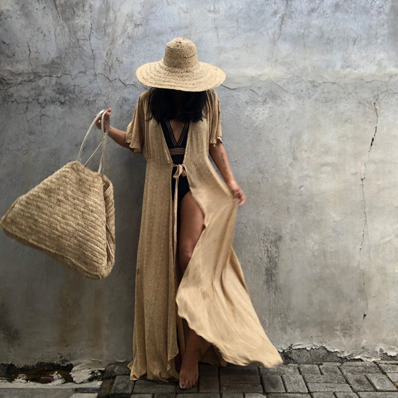 Sunscreen Cardigan Women Solid Color Lace-up Cardigan Half Sleeve Beach Sun Protection Bikini Coat Women Bella Mia