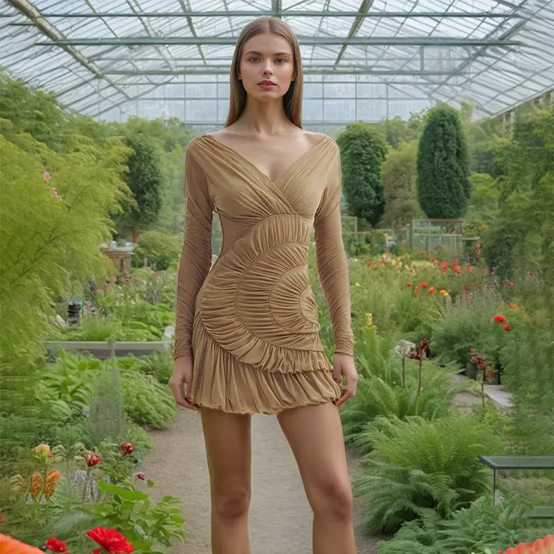 Women French Pleated Autumn Young Sexy Solid Color Long Sleeve Slim Fit Slimming Short Dress Bella Mia