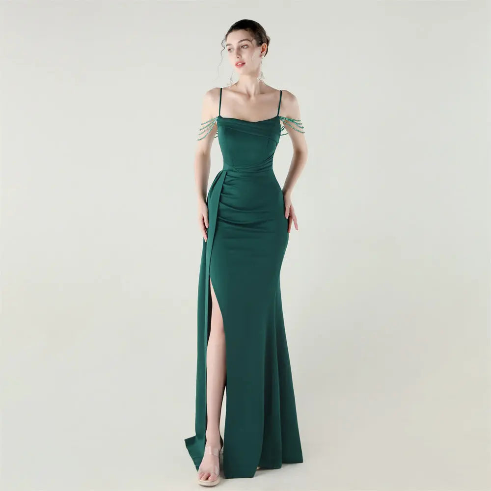 Bandeau Sling Satin Craft Beaded Chain Fishtail Evening Dress Dinner Wedding Ball Bella Mia