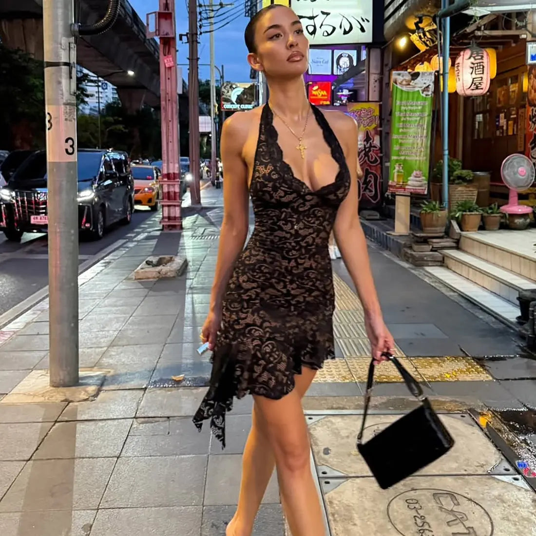 Autumn Winter Women Sexy Backless Deep V Plunge neck Slim Fit Lace Sheath Dress Bella Mia