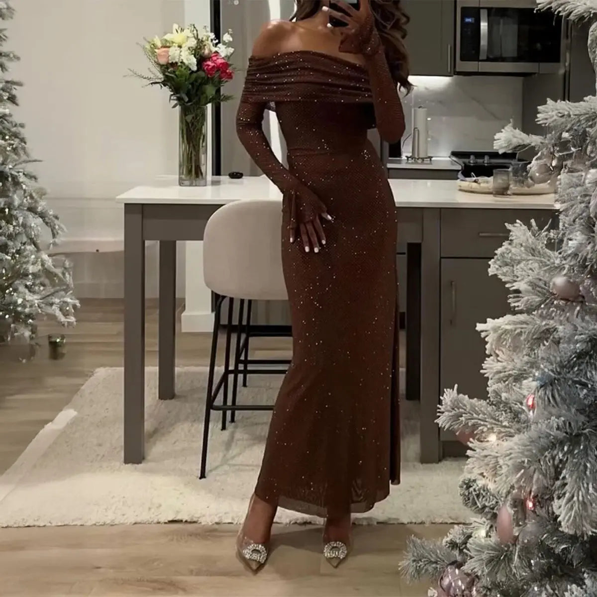 Sexy Lace Mesh Maxi Dress Off Shoulder Long Sleeve For Party Bodycon Bella Mia