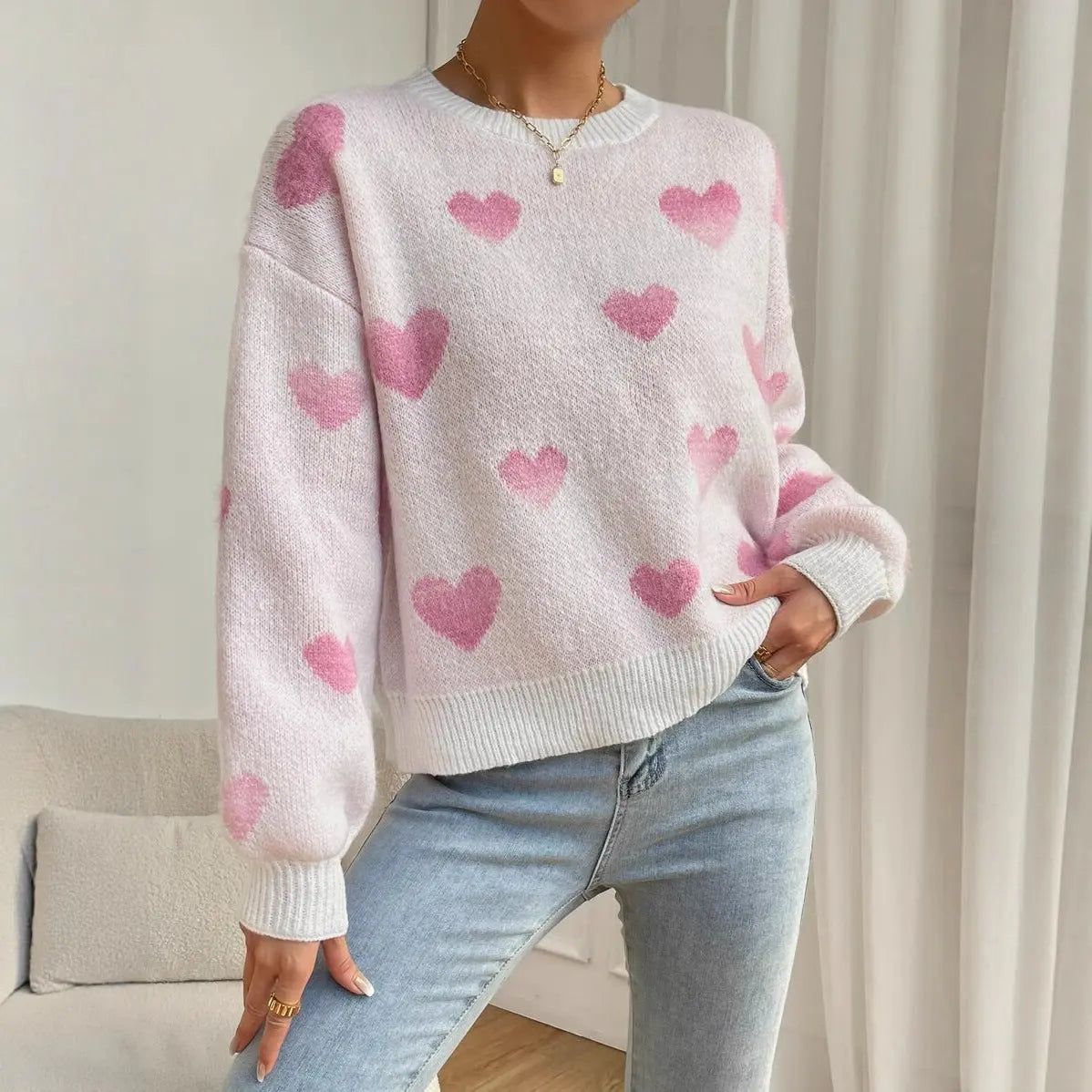 Women Autumn Winter Heart Jacquard Knit Sweater Casual Crew Neck Bella Mia