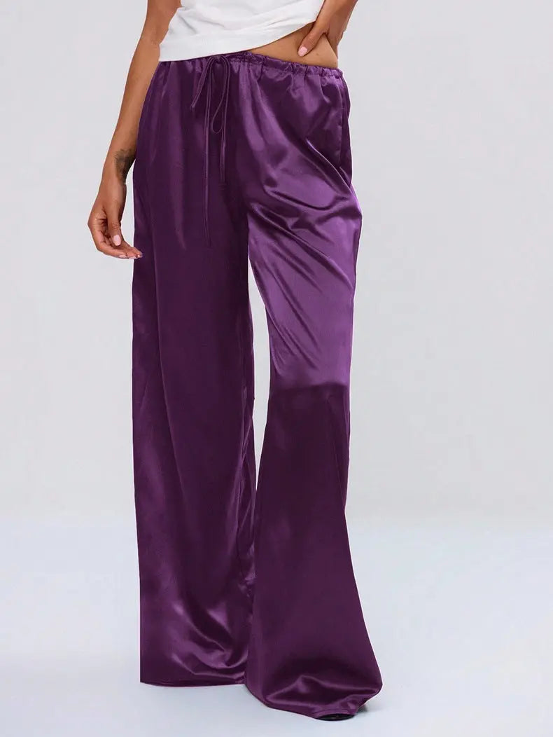Women Clothing Trendy Autumn Satin Satin Casual Pants Loose Wide Leg Drawstring Long Pants Bella Mia