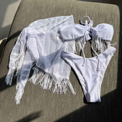Tassel Bandeau Sling Mesh Three Piece Swimsuit Bikini