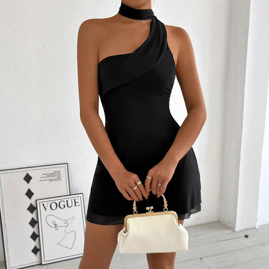 Summer One Shoulder Sleeveless Halter Dress Sexy Lacing Slim Fit Hip Wrapped Short Dress Bella Mia