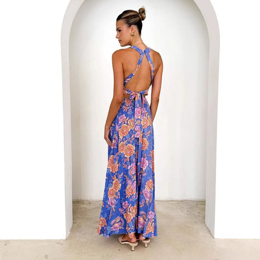 Printed Halter Beach Bohemian High Waist Backless Floral Maxi Dress For Women Bella Mia