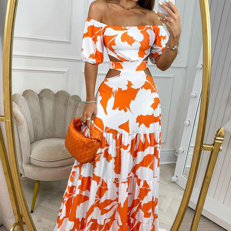 Summer Women Clothing Printed Elegant off Shoulder High Waist Hollow Out Cutout out Ruffled Dress for Women Bella Mia
