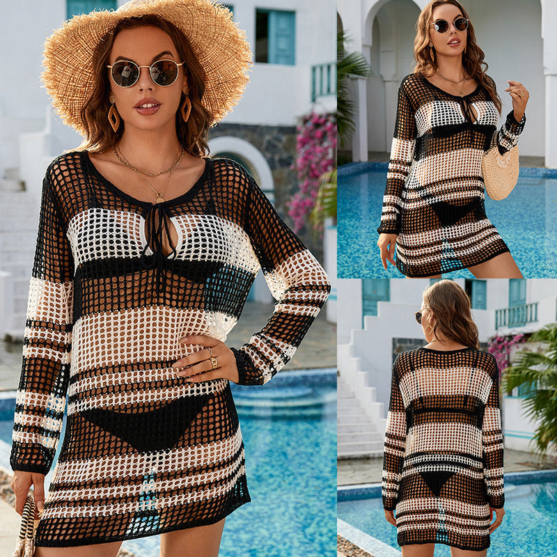 Hollow Out Cutout Knitted Long Sleeve Sexy Sun Protection Shirt Bikini Swimsuit Outwear Pullover Beach Cover up Bella Mia