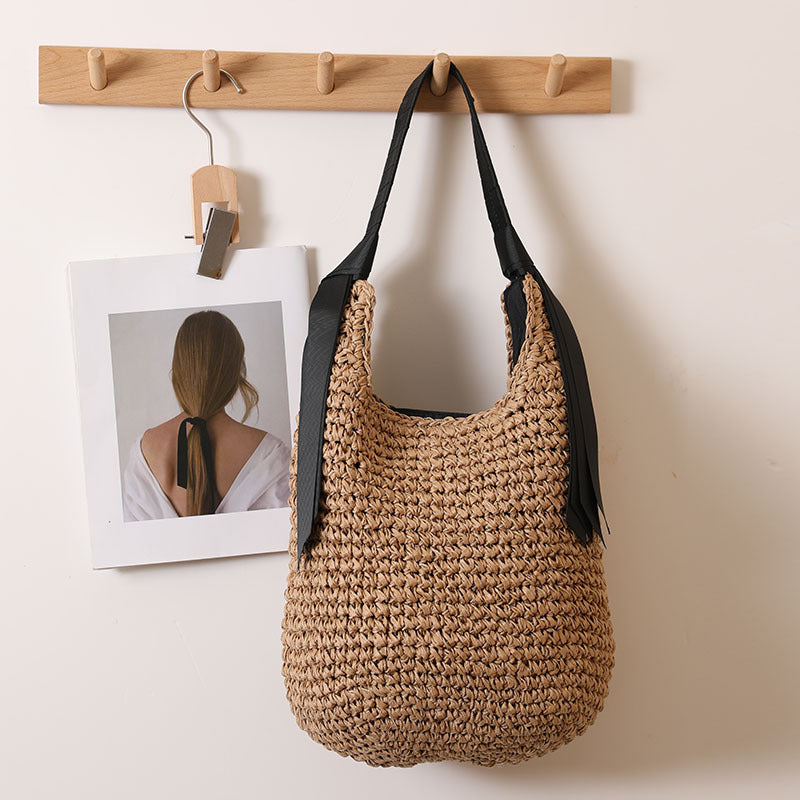 Ribbon Shoulder Straw Bag Large Capacity Solid Color Woven Bag Seaside Vacation Beach Bag Straw Bag Bella Mia