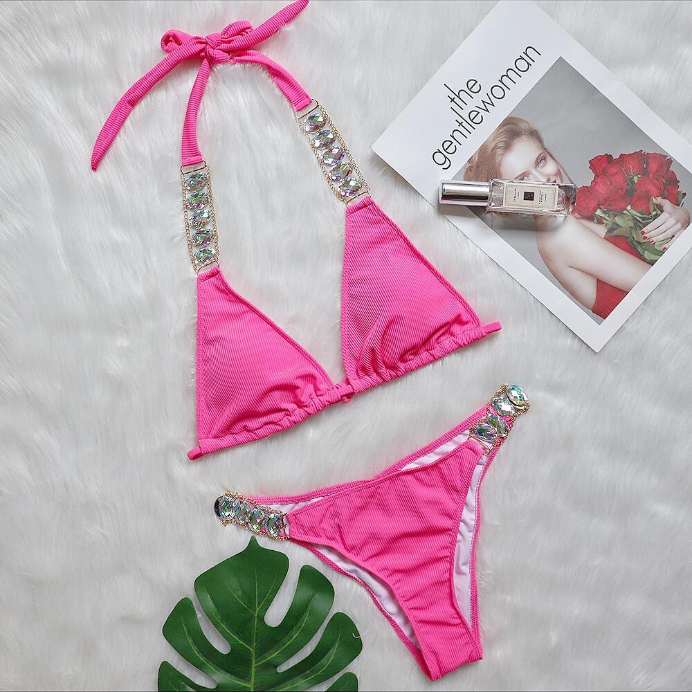 Bikini Plain Women Split Strap Luxury Diamond Swimsuit Sexy Metal Chain Accessories Swimwear Bella Mia