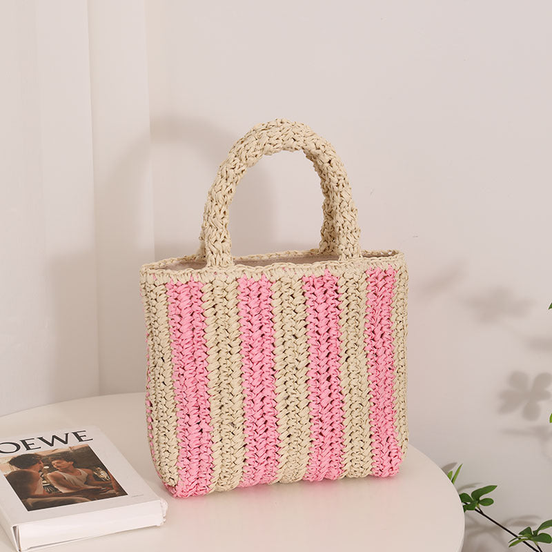 Vertical Stripes French Straw Bag Portable Contrast Color Straw Bag Woven Bag Women's Bag Seaside Vacation Beach Bag Bella Mia
