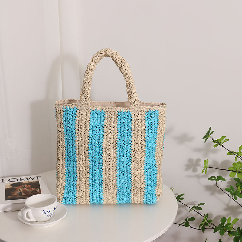 Vertical Stripes French Straw Bag Portable Contrast Color Straw Bag Woven Bag Women's Bag Seaside Vacation Beach Bag Bella Mia