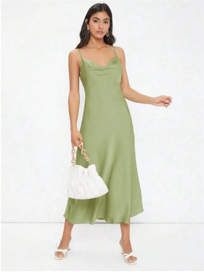 Women Clothing Spring Summer Satin Sling Deep V Plunge neck Slim Solid Color Dress Bella Mia