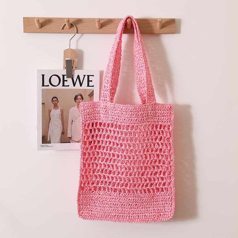 Solid Color Hollow Out Cutout Shoulder Straw Bag Korean Woven Tote Fishing Net Bag Seaside Vacation Beach Bag Bella Mia