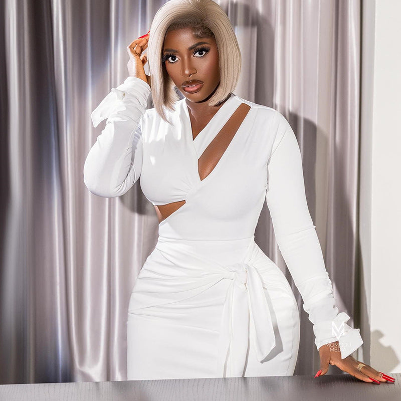 Solid Color Sexy Deep V Plunge neck Backless Lace up Waist Tight Street Short Hip Dress Bella Mia