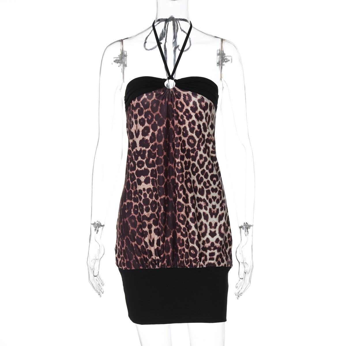 Women Clothing Summer Lace Halter Leopard Splicing Short Sexy Sheath Dress Bella Mia
