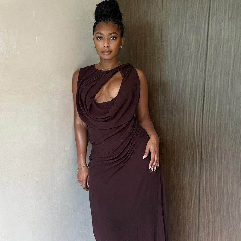 Personalized Pleated Hollow Out Cutout Solid Color Tight Crew Neck Split Maxi Dress Loose Elegant Women Clothing Bella Mia