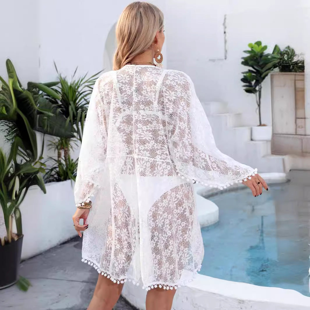 Women Clothing Irregular Asymmetric Cardigan Sexy See through Lace Shirt Lace up Beach Sun Protection Coat Bella Mia