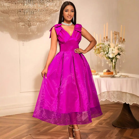 Elegant V Neck Bow A Line Maxi Dress High Waist Slim Fit Evening Party Gown Bella Mia