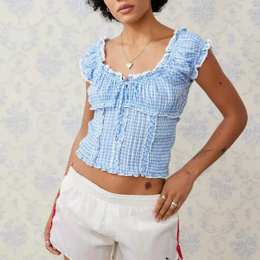 Summer Women Gingham Puff Sleeve Top With Ruffle Trim Bella Mia