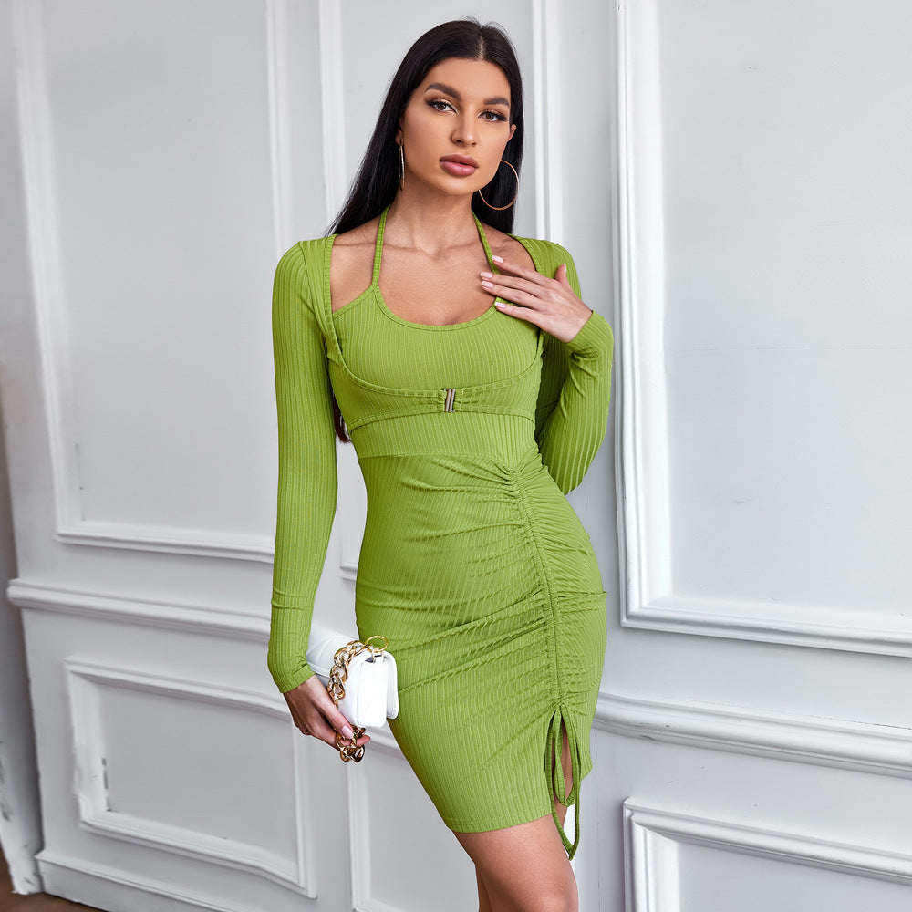 Women Clothing Faux Two Piece Pleating Slim Fit Hip Knitted Long Sleeve Short Dress Mini Dress Bella Mia