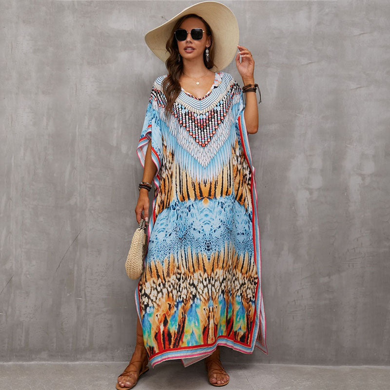 Rayon Positioning Printing Beach Cover Up V Neck Robe Vacation Skirt Bikini Cover Bella Mia