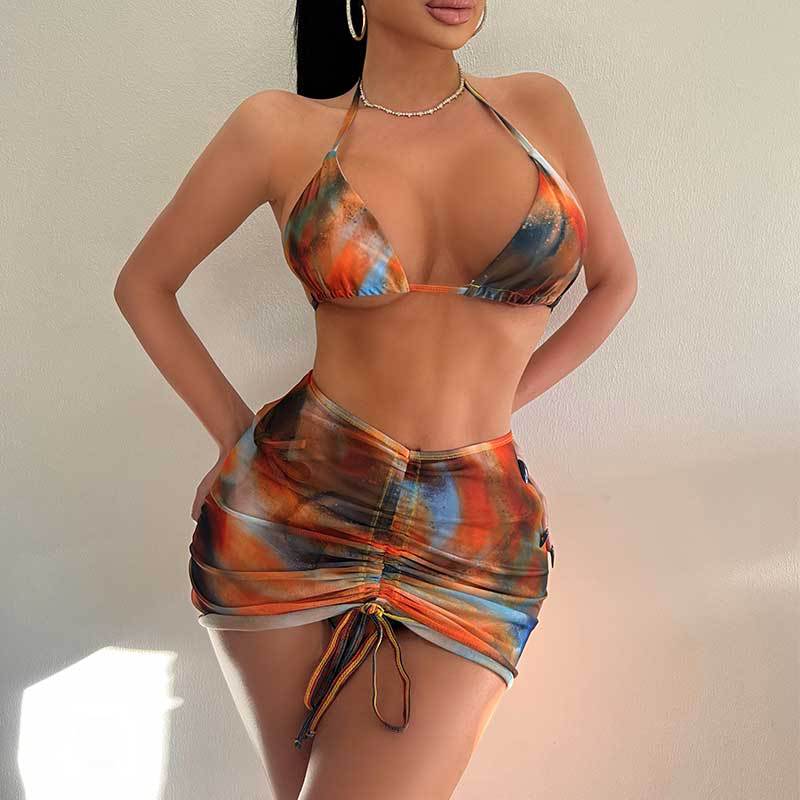Swimsuit Three Piece Set Printed Sexy Lace Up Bikini Hip Skirt Bikini Swimsuit Bella Mia