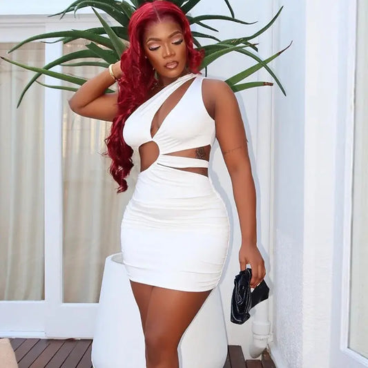 Casual Women Clothing Hollow Out Cutout Comfortable Elegant Simple Solid Color Hip dress Sleeveless Diagonal Collar Short Dress Bella Mia