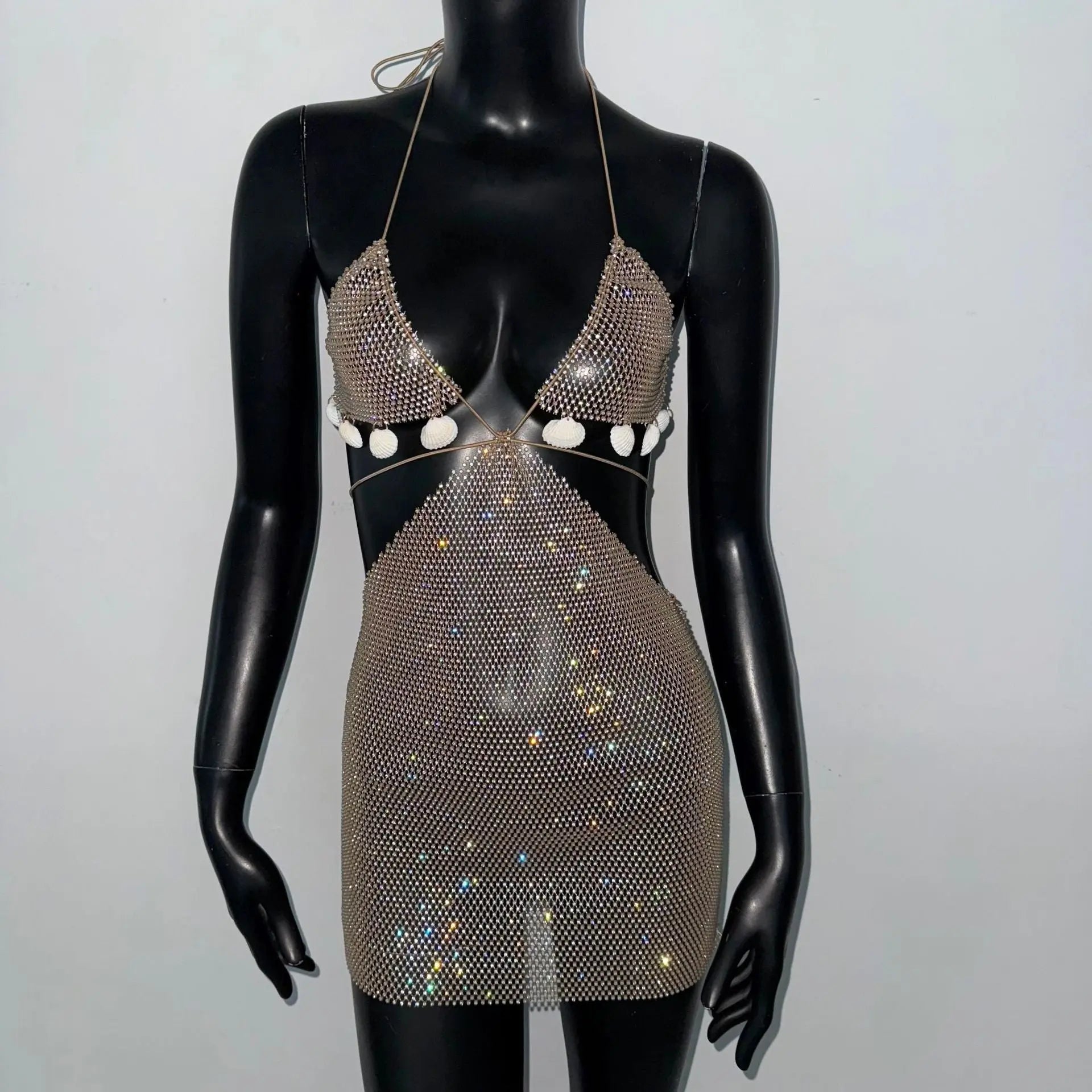 Gold Sequined Halter Backless Bodycon Mini Dress With Rhinestones Bella Mia