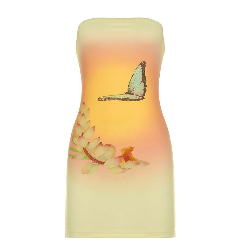 Women Clothing Summer Sleeveless Sexy Strapless Dress Butterfly Floral Print Hip Dress Bella Mia