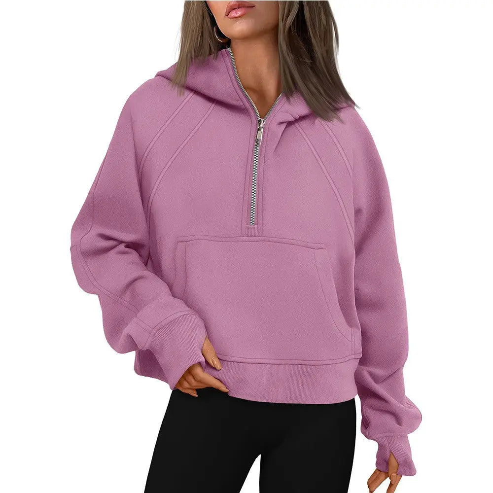 Half Zipper Pullover Hooded Sweatshirt Fleece Short Chic Scuba Sweater for Women Bella Mia