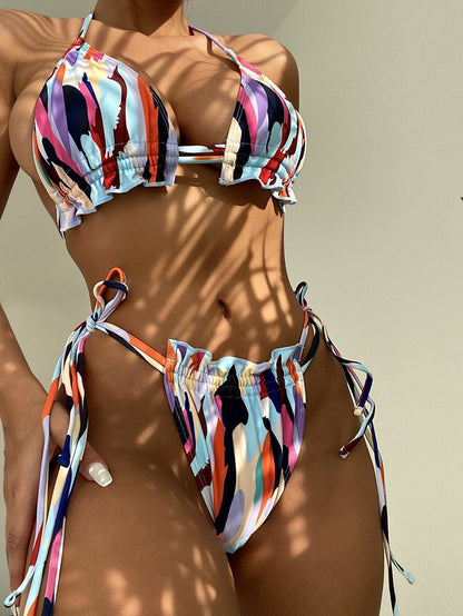 Printed Halter Lace up Spring Bikini Three Point Split Swimsuit for Women