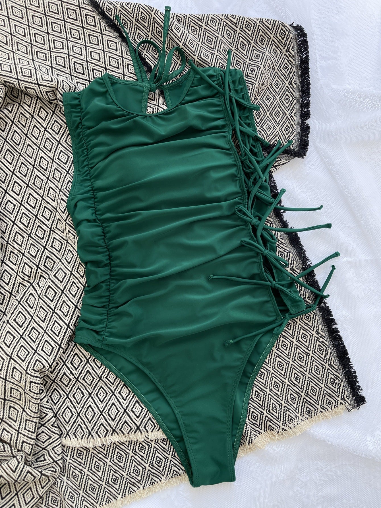 Drawstring Lace-up Sexy Bikini Solid Color Pleated Swimsuit Crisscross Bella Mia