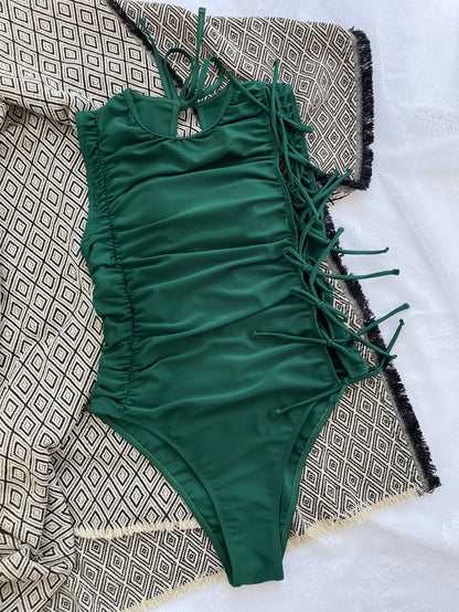Drawstring Lace-up Sexy Bikini Solid Color Pleated Swimsuit Crisscross