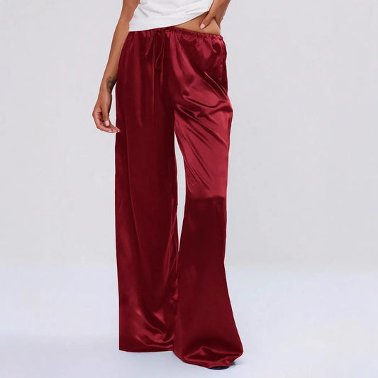 Women Clothing Trendy Autumn Satin Satin Casual Pants Loose Wide Leg Drawstring Long Pants Bella Mia