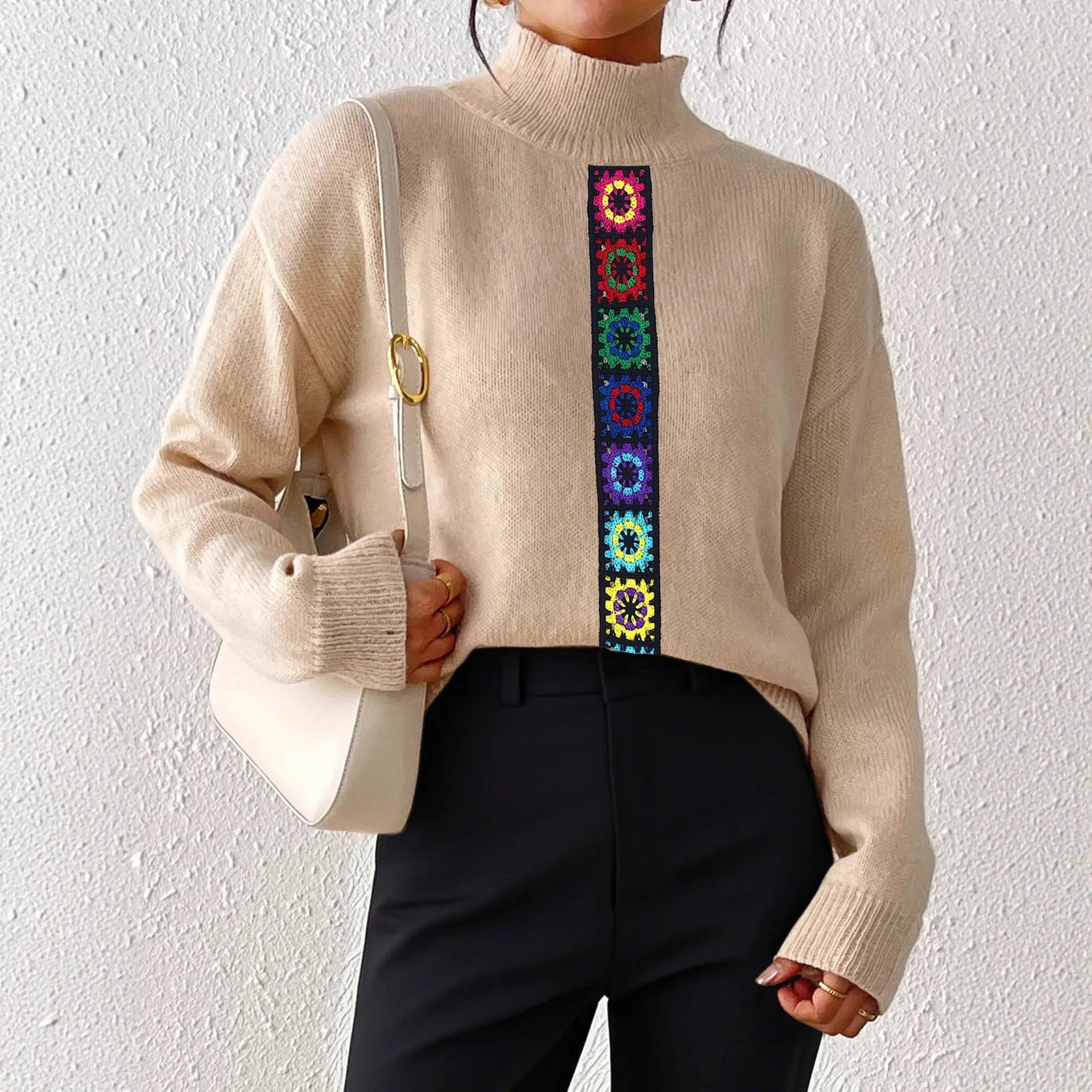 Women Clothing Personality Color Random Imitation Hand Crocheted Stitching Woven Top Pullover Sweater Bella Mia