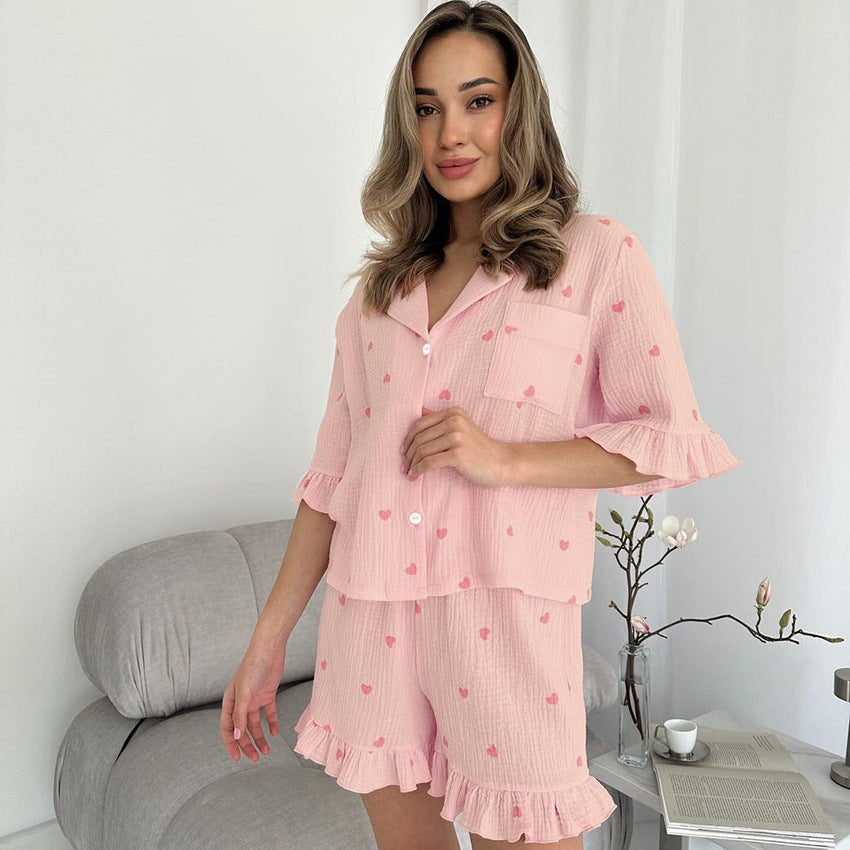 Summer Women Pajamas Crepe Cotton Heart Printing Short Sleeved Shorts Two Piece Home Wear Bella Mia
