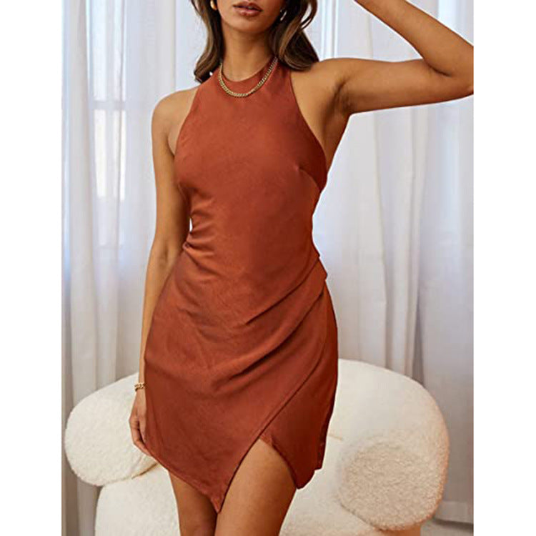 Women Clothing Solid Satin Halter Backless Slit Mini Dress Gown Bella Mia