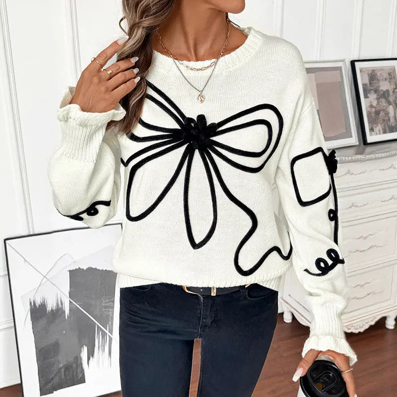 Autumn Winter Cute Sweet Loose Bow Decorative round Neck Sweater for Women Bella Mia