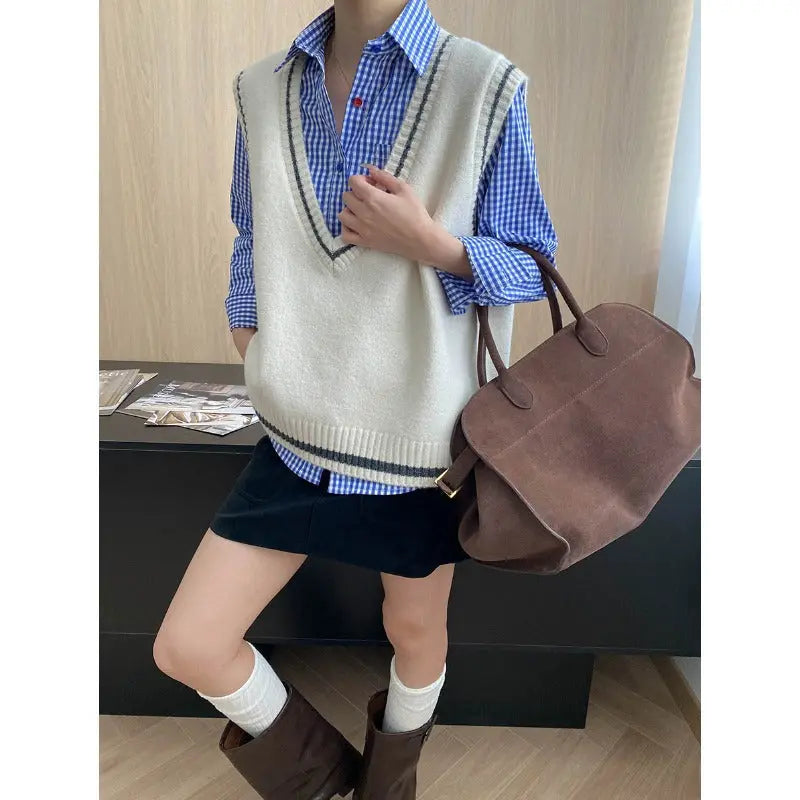 Artistic Retro Color Contrasting Stripe Large V neck Loose Knit Waistcoat Vest Bella Mia