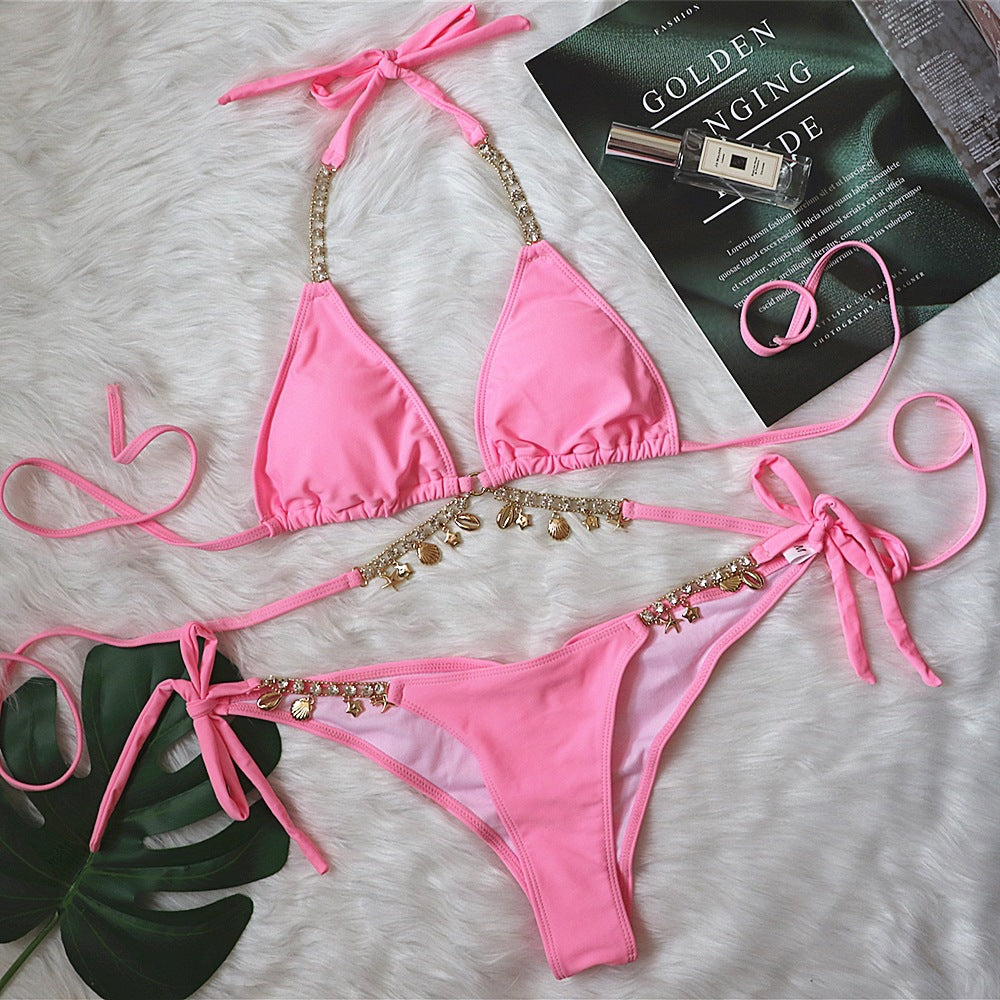 Swimsuit Sexy Lace-up Plain Women Split Crystal Diamond Bikini Creative Accessories Swimsuit Bella Mia