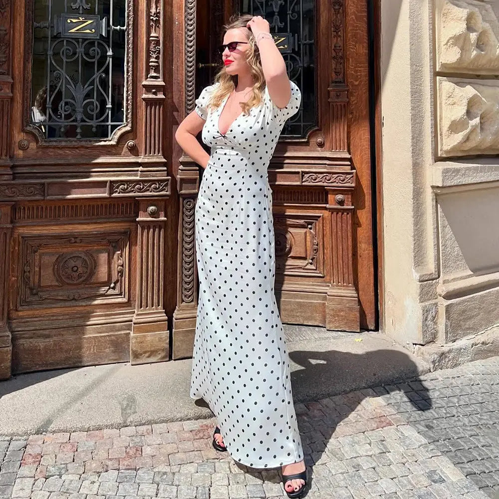 V Neck Waist Controlled Lace Up Puff Sleeve Polka Dot Maxi Dress Bella Mia