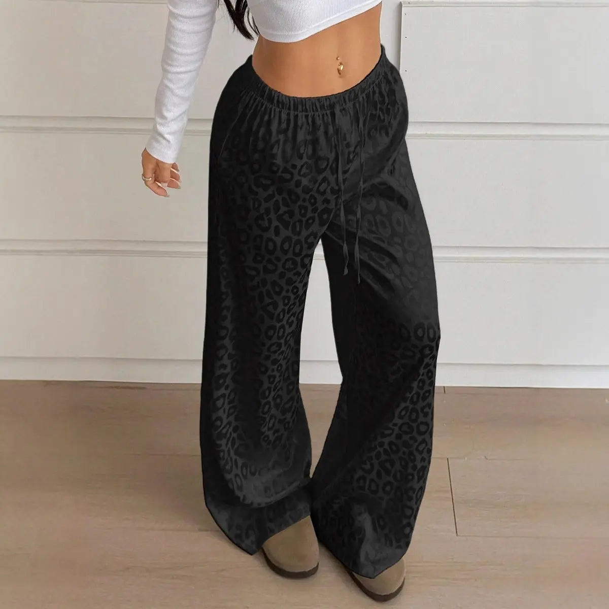 Women Clothing Autumn Satin Casual Pants Drawstring Leopard Print Mop Wide Leg Pants Long Pants Bella Mia