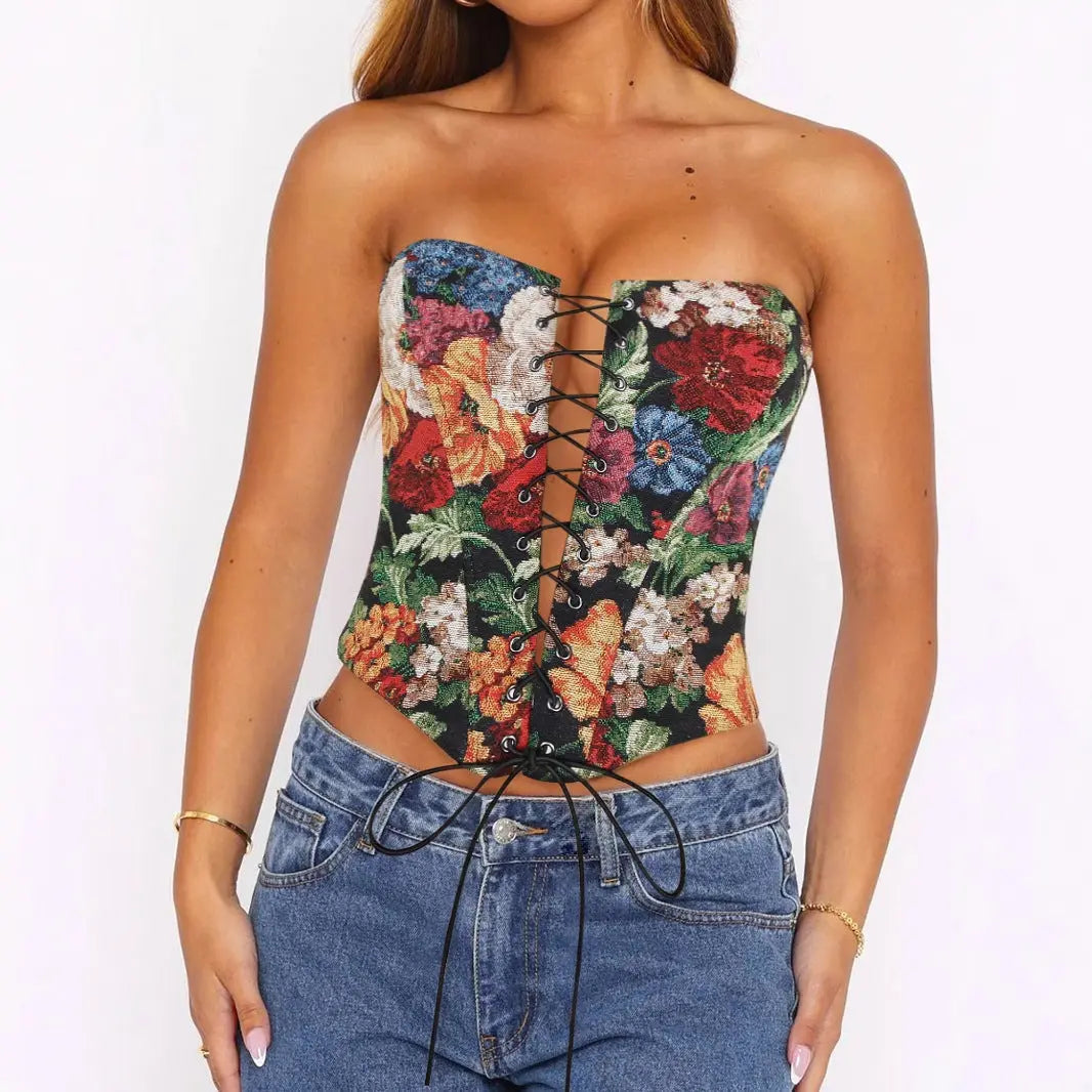 Floral Print Boning Tube Top Corset Lace Up Strapless Crop Top Bella Mia