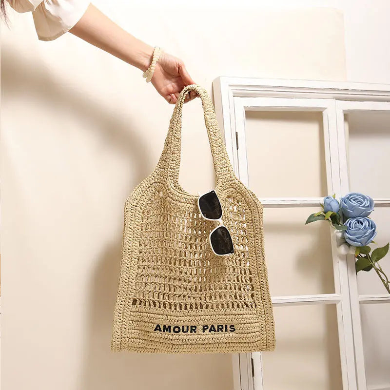 Summer Straw Woven Bag With Lace Up Pattern For Women Beach Vacation Bag Bella Mia